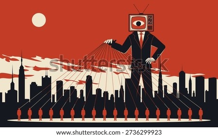 Manipulation people. Imposition of opinions and views through mass media, zombie television, brain control, influence dominates, mass communication tidy vector flat style isolated propaganda concept