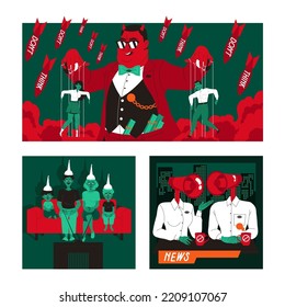 Manipulation of People with Puppeteer Pulling Strings of Marionette and Zombified Family Watching TV News Vector Set