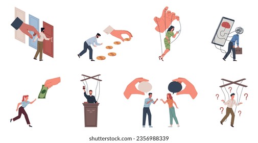 Manipulation people. Puppets persons, managing ways, humans control, puppeteer hands, influencing over marionettes. Freedom and independence. cartoon flat isolated nowaday vector set