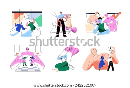 Manipulation of people set. Dictator abuses hanging puppets, controls hand marionette, dominates to slaves, influences on victims. Financial dependence. Flat isolated vector illustration on white