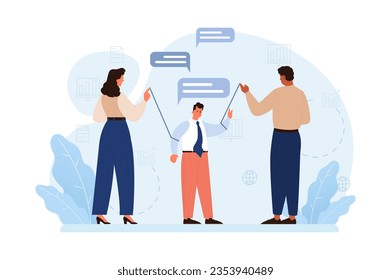 Manipulation. Psychological control method. Domination exploitation, emotional abuse and control. Toxic relationship, propaganda, internet addiction idea. Flat vector illustration