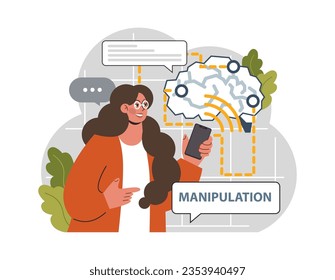 Manipulation. Psychological control method. Domination exploitation, emotional abuse and control. Propaganda and internet addiction idea. Flat vector illustration