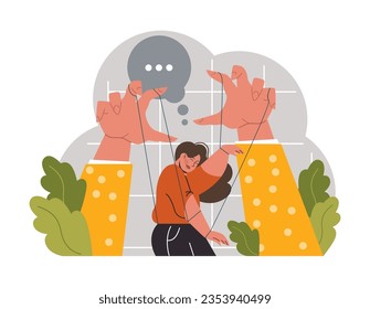 Manipulation. Psychological control method. Domination exploitation, emotional abuse and control. Toxic relationship, propaganda, internet addiction idea. Flat vector illustration