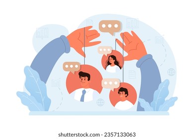 Manipulation. Psychological control method. Domination exploitation, emotional abuse and control. Toxic relationship, propaganda, internet addiction idea. Flat vector illustration