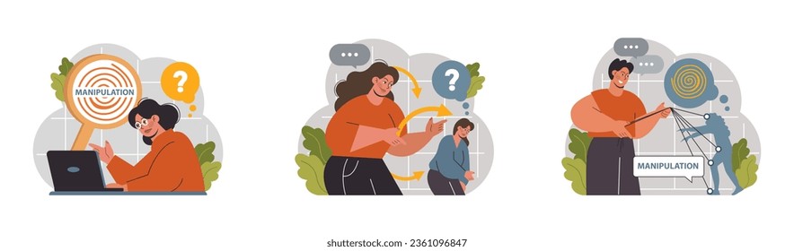 Manipulation. Psychological control method. Domination exploitation, emotional abuse and control. Toxic relationship, propaganda, internet addiction idea. Flat vector illustration