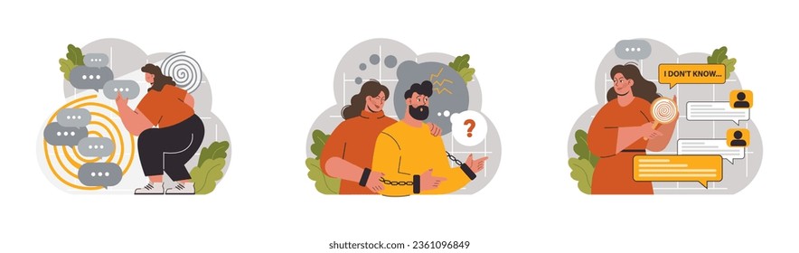 Manipulation. Psychological control method. Domination exploitation, emotional abuse and control. Toxic relationship, propaganda, internet addiction idea. Flat vector illustration