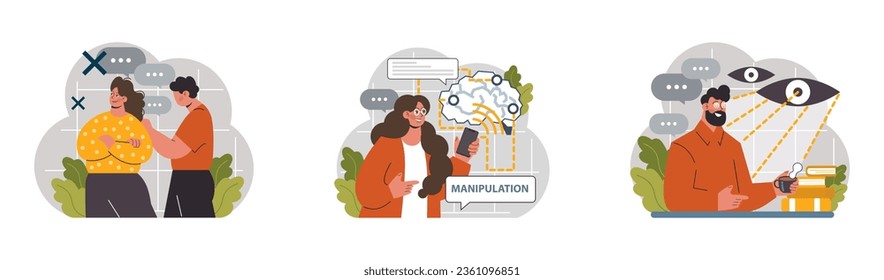 Manipulation. Psychological control method. Domination exploitation, emotional abuse and control. Toxic relationship, propaganda, internet addiction idea. Flat vector illustration