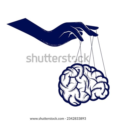 Manipulation of public consciousness, hand manipulates human mind by strings, brain control by mass media, thinking influenced, vector