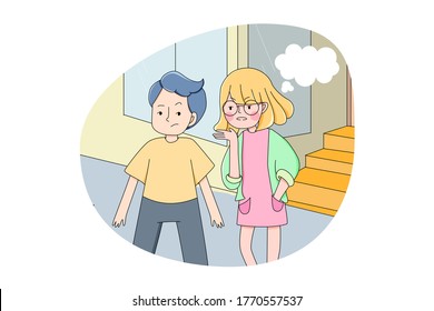 Manipulation, relationship, gossip, cunning concept. Young woman or girl character whispering in ear of frustrated confused unhappy man boy. Spreading rumours and manipulating control illustration.