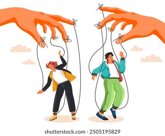 Manipulation rope. Authority domination dictator manipulation concept, man woman puppet on string master hands control boss employee exploitation manipulator vector illustration original artwork