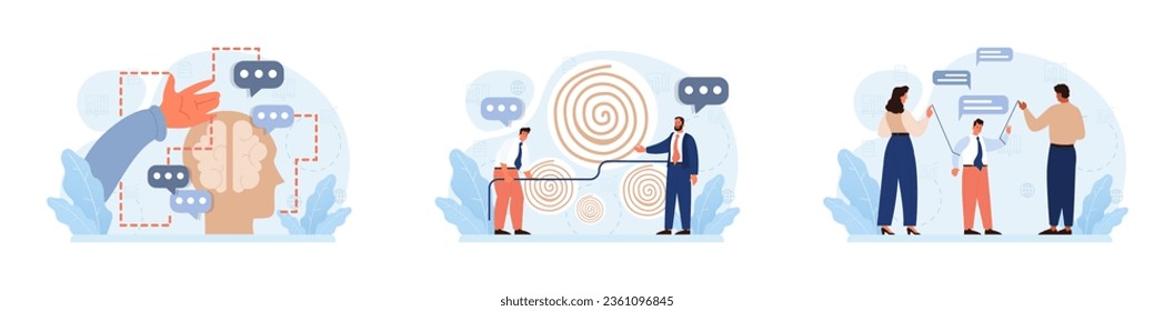 Manipulation set. Psychological control method. Domination exploitation, emotional abuse and control. Toxic relationship, propaganda, internet addiction idea. Flat vector illustration