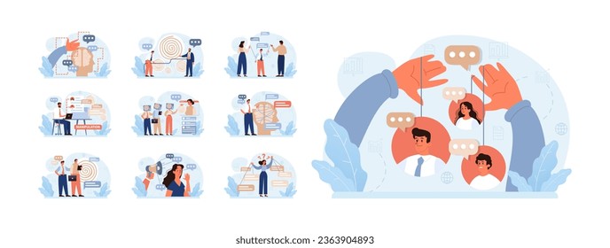 Manipulation set. Psychological control method. Domination exploitation, emotional abuse and control. Toxic relationship, propaganda, internet addiction idea. Flat vector illustration