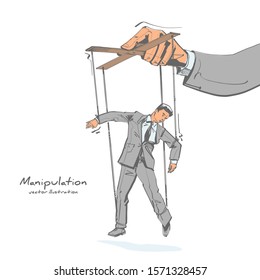 Dibujo de esbozo de manipulación. Trabajador con cuerdas. Abuso de poder. Dibujo plano de ilustración vectorial. Mano de titiritero sosteniendo a un pequeño hombre de negocios sobre una correa. Controlar a los trabajadores. 