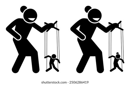 Manipulation subordination dependency clip art icon symbol. Female street artist puppeteer. Isolated flat vector illustration.