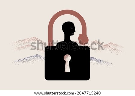 Manipulation, under lock and key. Obey and controlled somebody, interpersonal relationships. Abstract human heads, vector illustration