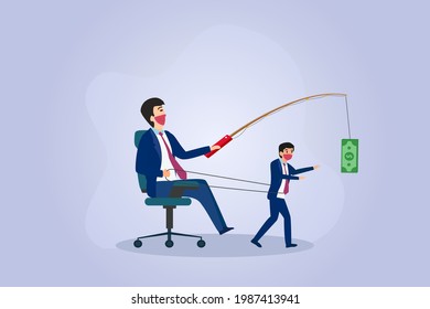 Manipulation vector concept. Businessman manipulating man with money and rope