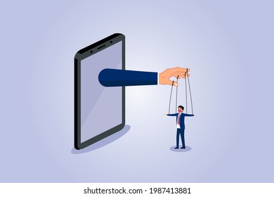 Manipulation vector concept. Smart phone controlling businessman with a string.