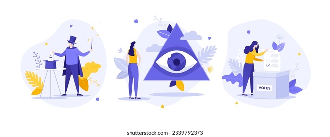 Manipulations with voters concept flat vector illustrations set. Dishonest election technology. Voting issues cartoon compositions for web design. Creative idea for website, mobile, presentation