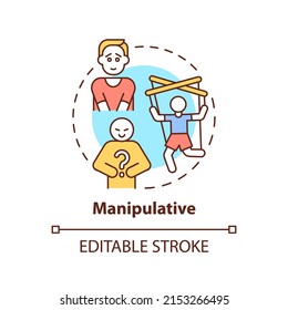 Icono de concepto manipulativo. Ilustración de línea delgada de idea abstracta con estilo de comunicación clave. Controlar el resultado de la conversación. Dibujo de contorno aislado. Trazo editable. Fuentes Arial, Myriad Pro-Bold utilizadas