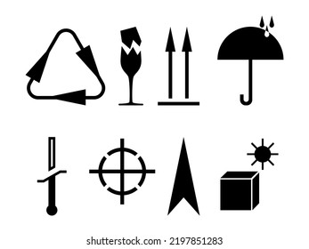 Manipulative signs. Fragile, do not turn over, recycling, do not wet, temperature limits, center of gravity, top, open here, protect from sunlight. Vector icons. Marking marks.