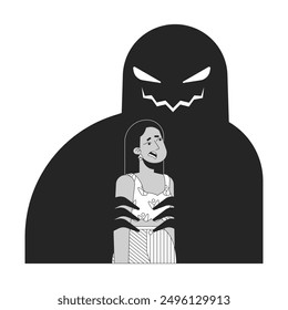 Manipulator behavior black and white 2D illustration concept. Abuse victim young adult indian woman scared outline character isolated. Horror danger. Predatory behaviour metaphor monochrome vector art