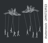 Manipulator concept vector illustration. Puppet master hands manipulate man mind, silhouette. Mental control ropes. Domination exploitation background. 