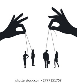 Manipulator concept vector illustration. Puppet master hands manipulate man mind, silhouette. Mental control ropes. Domination exploitation background.