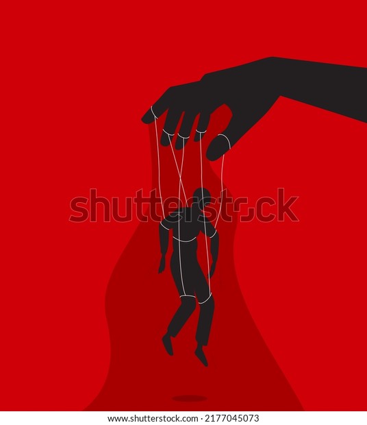 Manipulator concept vector illustration.\
Puppet master hand manipulate man silhouette. Control domination\
exploitation\
background.