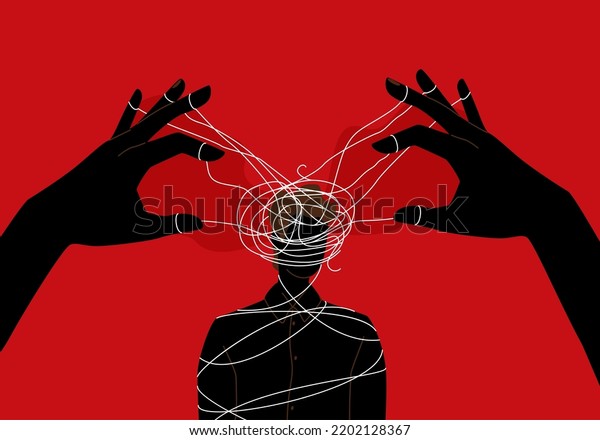 Manipulator concept vector illustration.
Puppet master hands manipulate man mind, silhouette. Domination
exploitation background. Mental control
ropes.