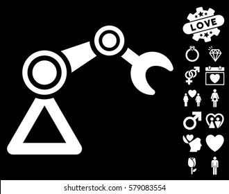 Manipulator Equipment pictograph with bonus valentine symbols. Vector illustration style is flat iconic white symbols on black background.