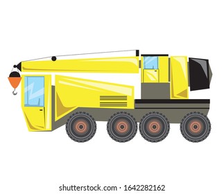 A manipulator with hook and crane isolated on white background for design. A flat vector stock illustration with heavy machine with cab, windows and wheels for construction.