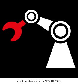 Manipulator vector icon. Style is bicolor flat symbol, red and white colors, rounded angles, black background.