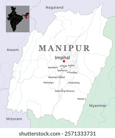 Manipur district map with capital Imphal, marked most important cities, state of India