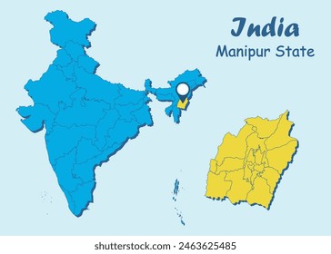 Manipur India vector map illustration on white background. Manipur District vector map illustration. Manipur political outline. Illustration. India Map with Highlighted Manipur state. India.