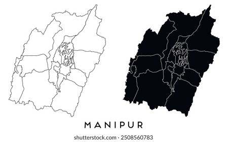 Manipur map of regions districts vector black on white and outline