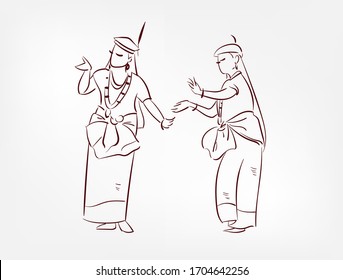 Manipur state India ethnic indian woman girl dance traditional sketch isolated design element