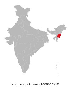 Manipur state map highlighted on indian map. Light gray background. Perfect for business concepts, backdrop, backgrounds, label, sticker, chart etc.
