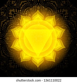 Manipura chakra colorful glowing symbol with mandala background. Spiritual meditation element vector illustration. Solar Plexus Chakra.