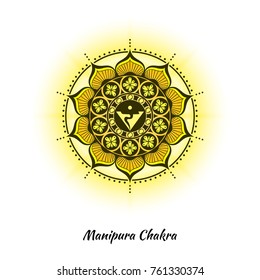 Manipura chakra symbol used in Hinduism, Buddhism, Ayurveda. The root chakra design for yoga studios, posters, banners, v-cads