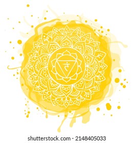 Manipura chakra. Watercolor blot. Hand drawn sloppy vector art. Om sign. Yellow circle. Sacral icon. Meditation