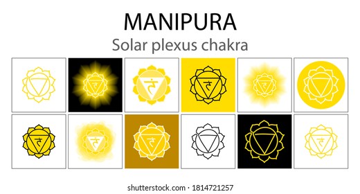 Manipura icon set. The third sun chakra. Vector yellow gloss and shine. One line symbol. Outline sacral sign collection. Meditation