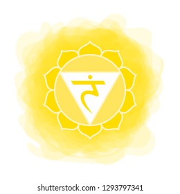 Manipura icon. The third sun chakra. Vector yellow smoky circle. Line symbol. Sacral sign. Meditation