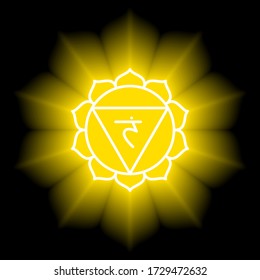 Manipura icon. The third sun chakra. Vector yellow gloss and shine. Line symbol. Sacral sign. Meditation