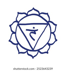 Manipura icon. The third sun chakra. Vector meditation sign. Hand drawn sketch. Blue pen or marker drawing. 