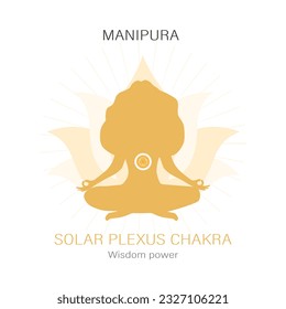 Manipura location. Third, solar plexus chakra symbol. Female silhouette meditating in lotus position. Work with subconscious. Indian culture. Flat vector illustration.