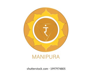 Manipura, solar plexus chakra symbol. Yellow logo template, colorful mandala. Spiritual meditation element vector illustration isolated on white background 