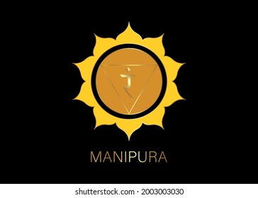 Manipura, solar plexus chakra symbol. Yellow ang gold logo template, colorful mandala. Spiritual meditation element vector illustration isolated on black background 