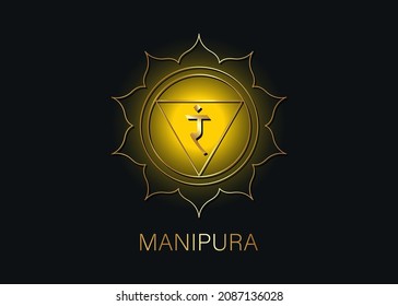 Manipura, solar plexus chakra symbol. Yellow ang gold logo template, colorful mandala. Spiritual meditation element vector illustration isolated on black background