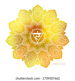 Manipura Third chakra coloring  vector illustration.  Yellow Color. Solar Plexus chakra.  For logo yoga healing meditation. Beautiful outline mandala. Ethnic, Indian style.