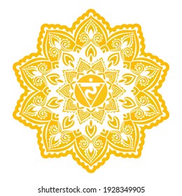 Manipura Third chakra coloring vector illustration. Yellow Color. Solar Plexus chakra. For logo yoga healing meditation. Beautiful outline mandala. Ethnic, Indian style.